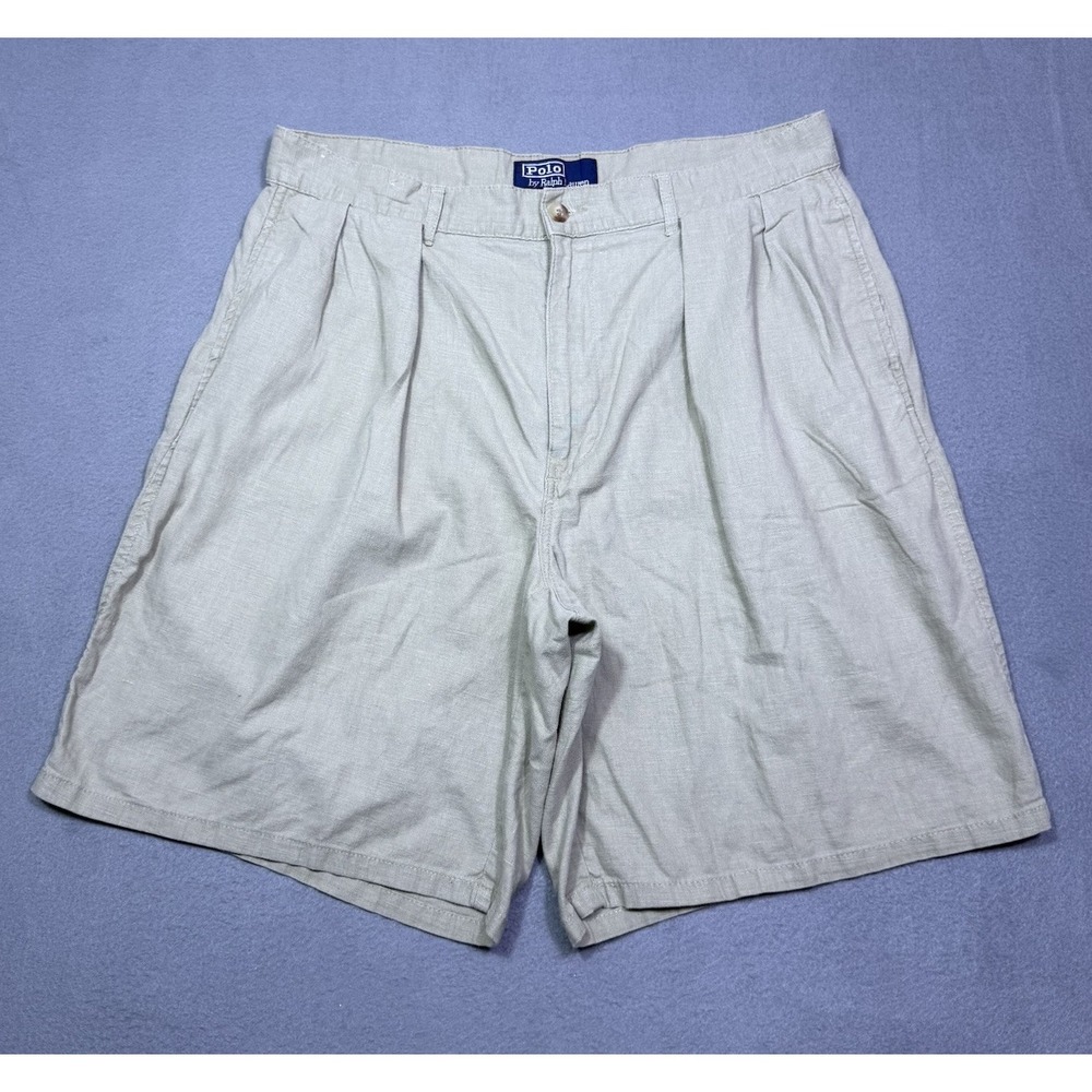 VINTAGE Polo Ralph Lauren Shorts Mens 32 Beige Linen Blend Pleated 9" Inseam